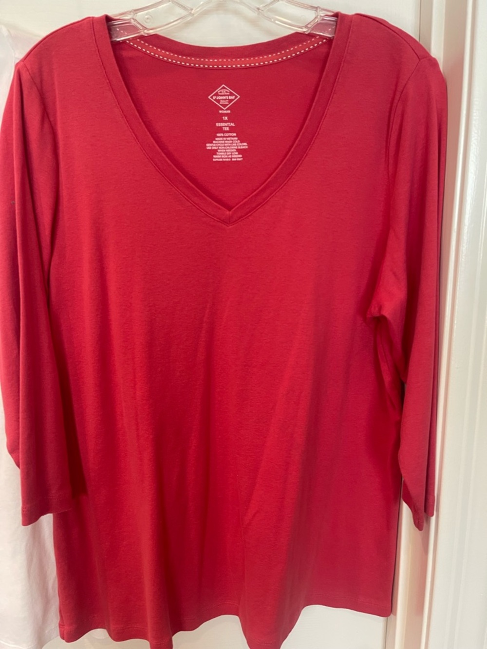 Set of Two - St. John's Bay V-Neck Three Quarter Sleeve Tees in White and Red 1X - Picture 9 of 10